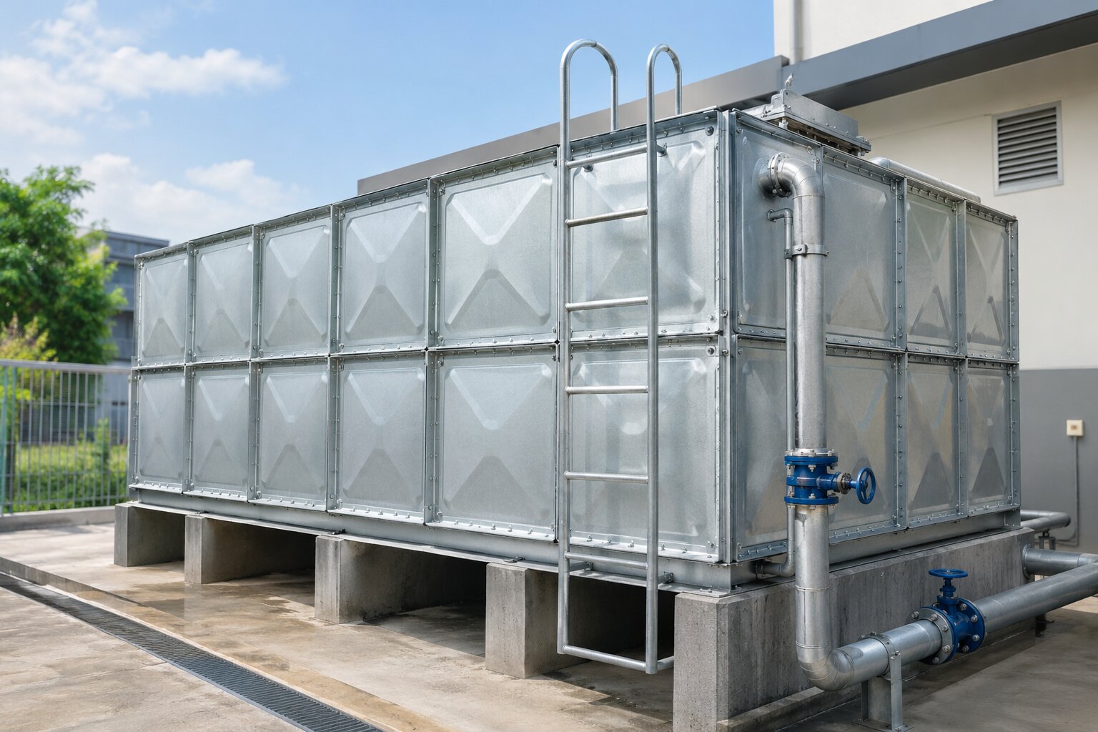 HDG pressed steel water tank supplied and installed by Waves Fluid Engineering in Singapore