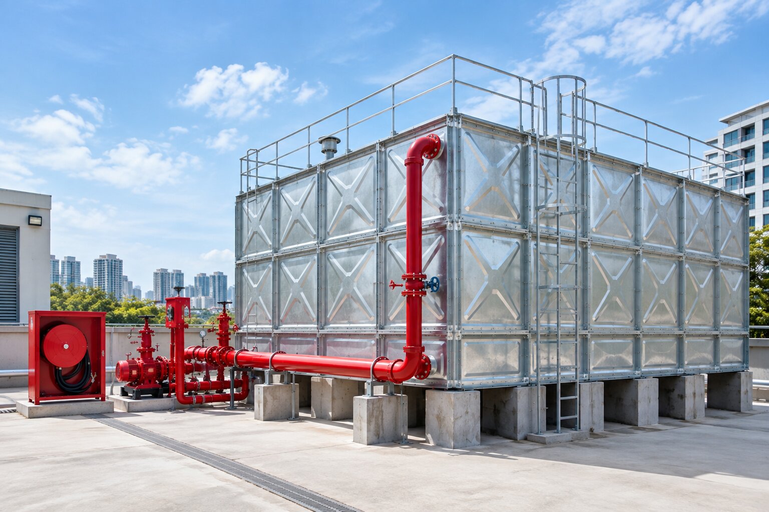 HDG pressed steel hose reel water tank installation in a Singapore commercial building