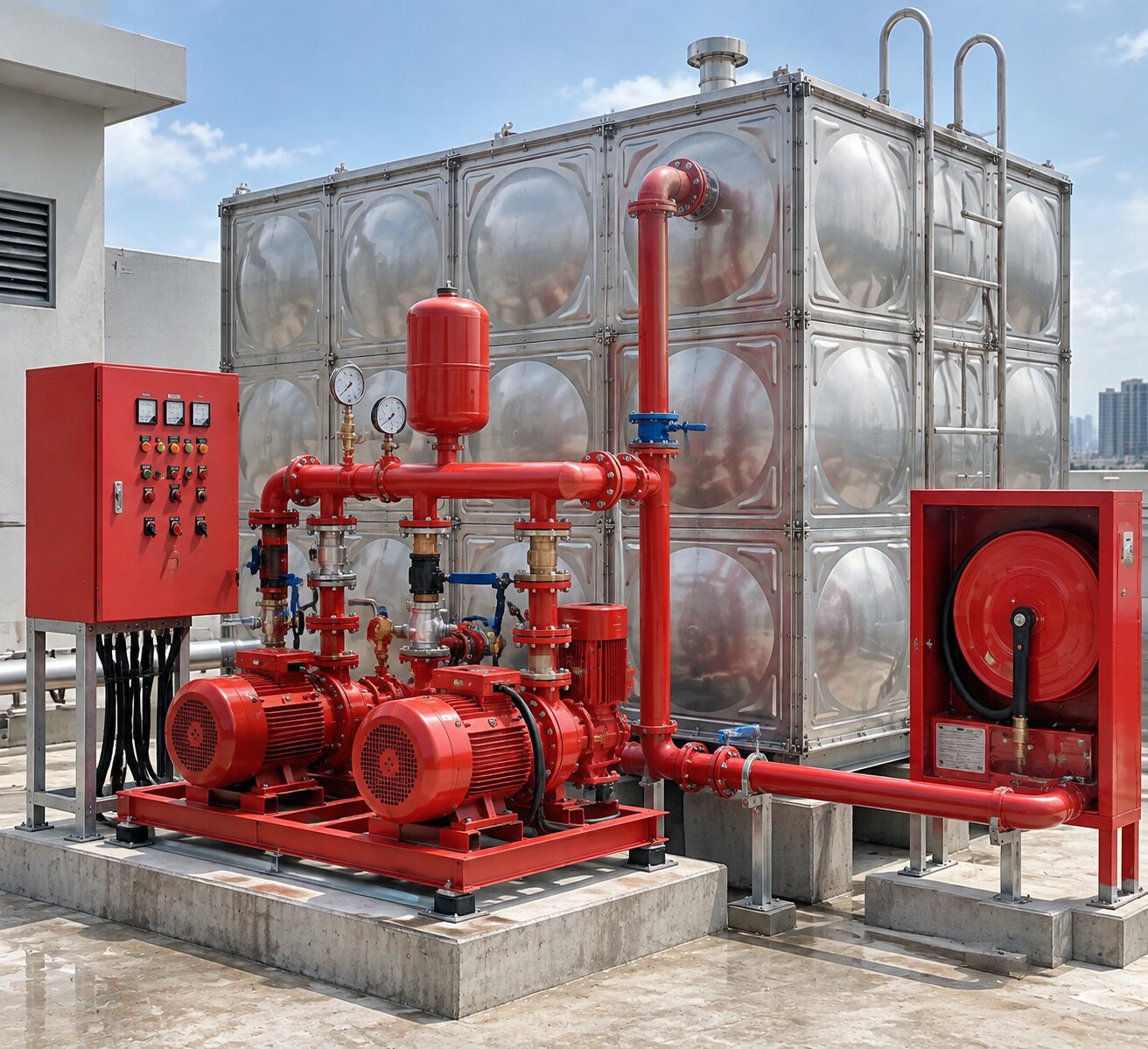 Hose reel pump set and suction tank installed together by Waves Fluid Engineering