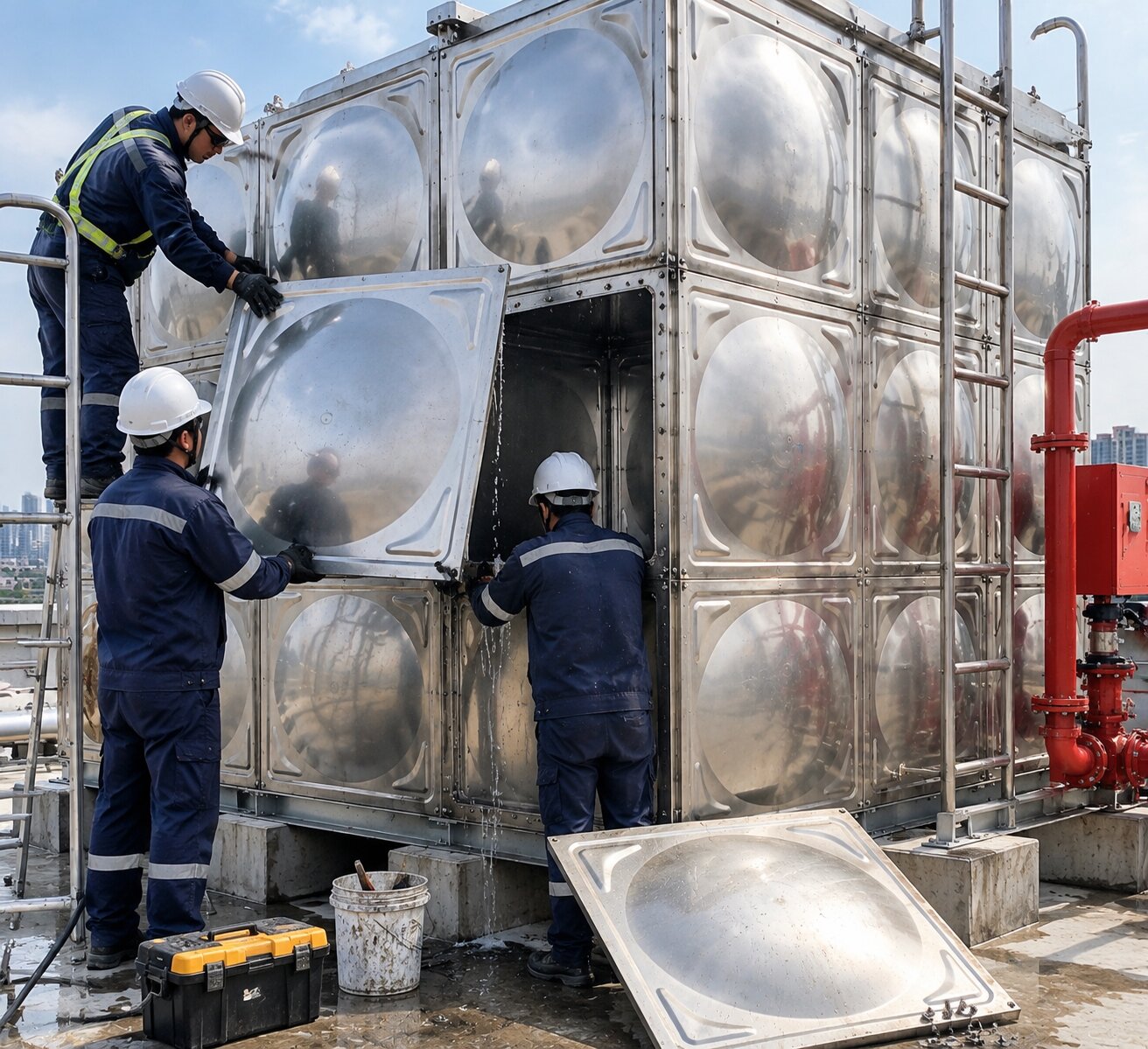 Leaking panel replacement works on an existing hose reel water tank in Singapore