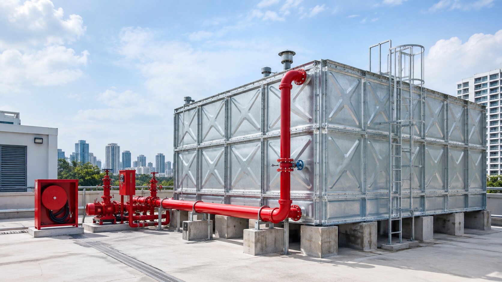 Hose reel water tank installed by Waves Fluid Engineering in a Singapore building